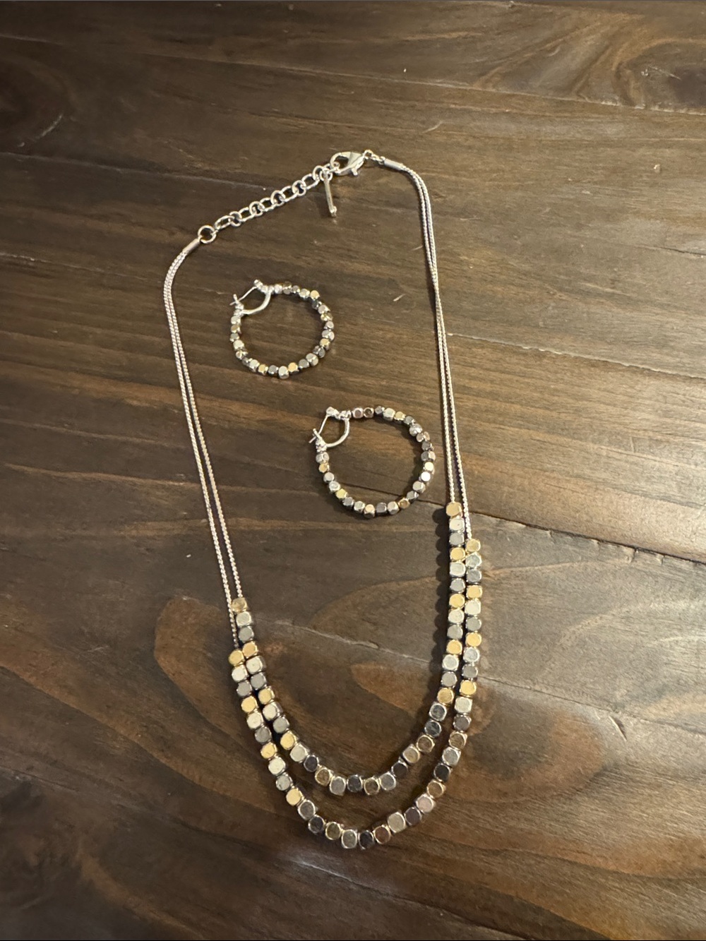 Beaded Multi-Tone Necklace and Hoop Earring Set - Silver and Gunmetal